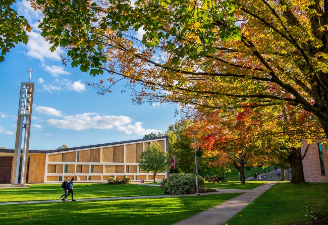 View from President Petillo's office of the Chapel of the Sacred Heart on the campus quad