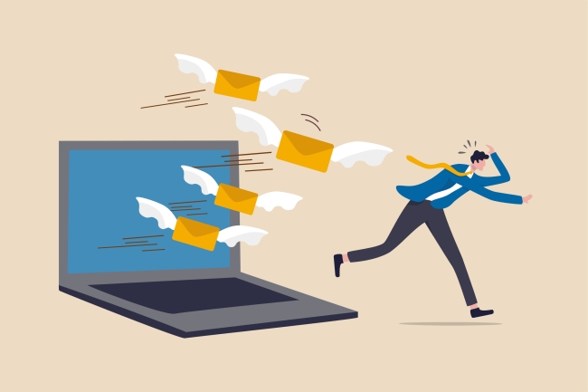 Illustration: man flees from emails on wings coming out of a computer
