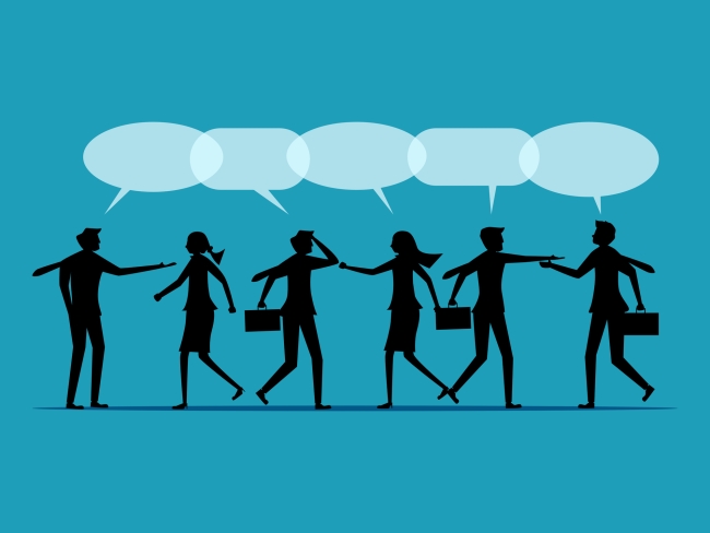 silhouettes of men and women carrying briefcases with speaking bubbles over their heads, suggesting they are sharing ideas