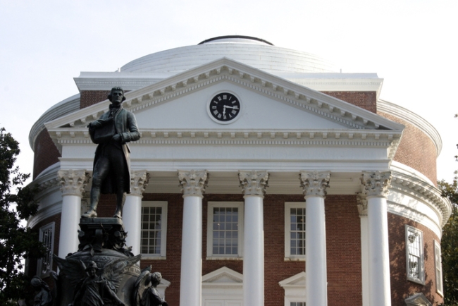 A statue of Thomas Jefferson in front of the Rotunda at the University of Virginia. 