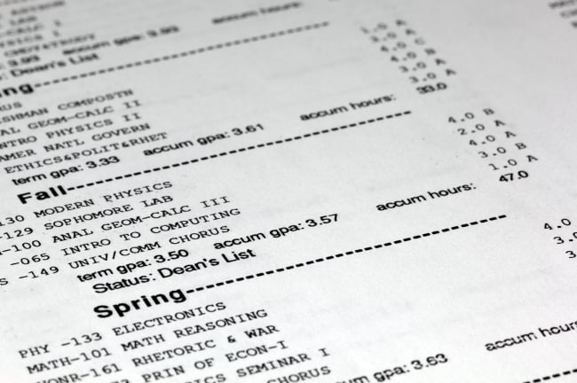 Stock photo of a cropped college transcript, with fall and spring courses and A and B grades. Black and white. 