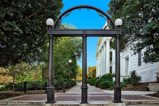 A photograph of the University of Georgia Arch on that institution's campus in Athens, Ga.
