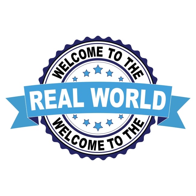 A seal that reads "Welcome to the Real World."