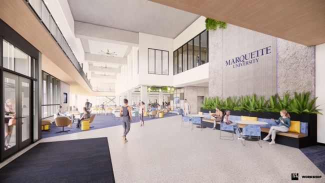 A mockup of the lobby for Marquette University's new wellness and recreation center shows students using couches and exercise equipment.