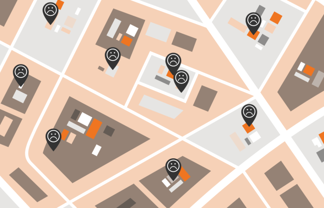 A map shows the outline of a city, with small black pins with a frowny face denoting places to cry.