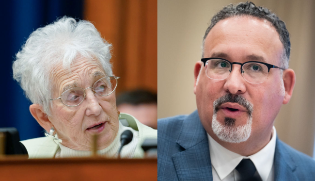 A split image of a light-skinned woman with white hair and glasses speaking into a microphone on the left, while a man with slightly darker skin, glasses and a beard and mustache is on the right