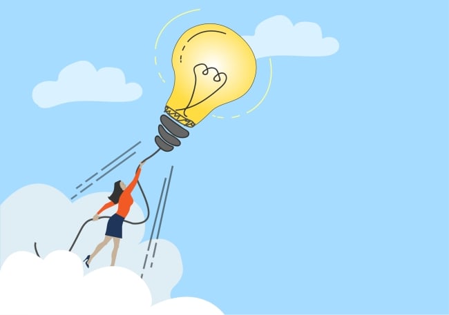 woman standing in cloud holds on to a balloon-like light bulb that appears to be lifting her upwards