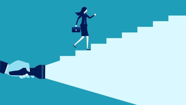 Illustration of a woman holding briefcase walking up stairs while hand holding a flashlight on the left lights her way