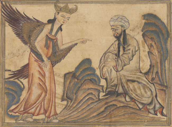 A medieval painting of the angel Gabriel and the prophet Muhammad. Gabriel has wings and Muhammas is wearing a head covering and has a beard.