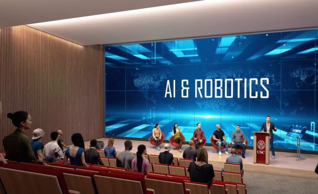 A computer-generated image of a lecture hall filled with people looking at a screen that shows the text "AI and Robotics"