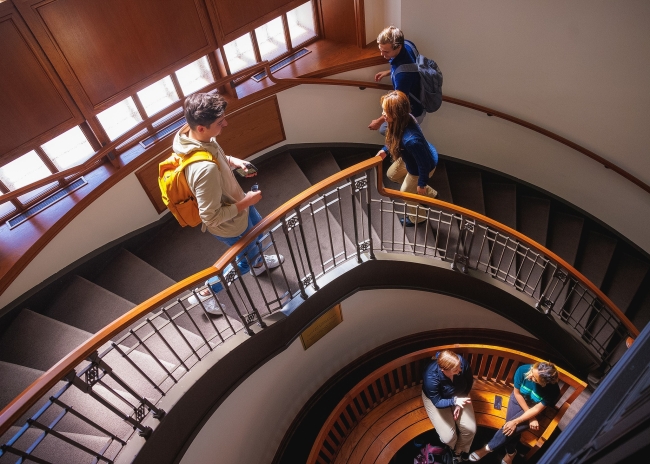 Students traversing a staircase on the DePaul University campus.