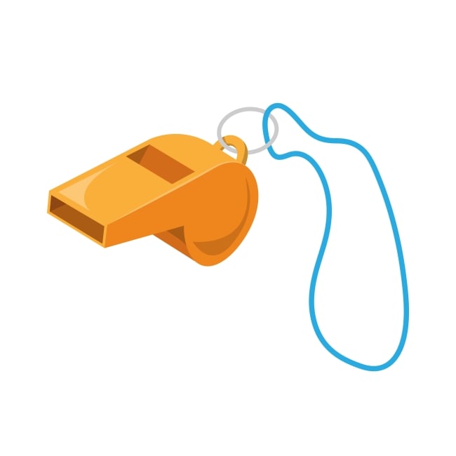 A drawing of an orange plastic whistle on a blue chain.