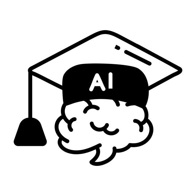 A black-and-white drawing of a human brain topped with a mortarboard bearing the letters "AI."