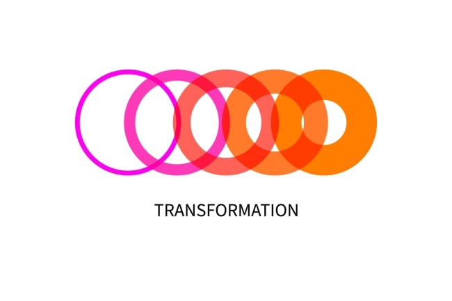 An abstract geometric illustration depicting the concept of "tranformation": five linked circles, in a row, transform from pink, to shades of orange and pink, to orange.