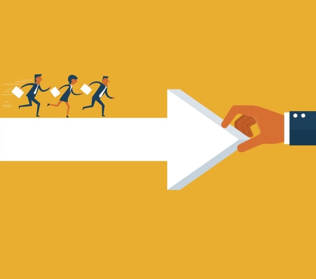 hand coming from right holds a long white arrow as a type of bridge on which three people with briefcases can run along and ahead