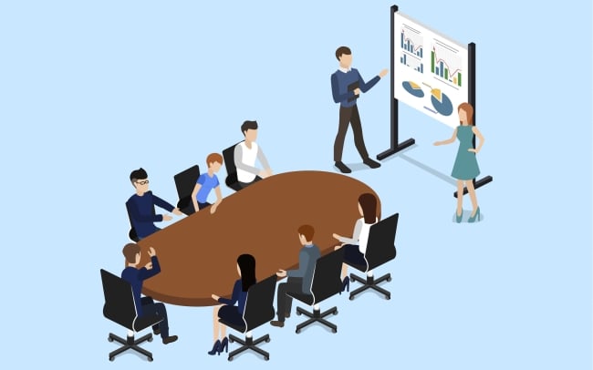 Illustration: people sit around conference table with person at the head of the table gesticulating toward two people describing charts on a whiteboard