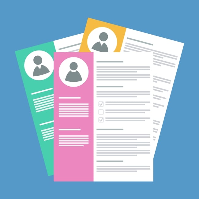 Three résumés on top of one another, each a different color and the top one with a slightly different image