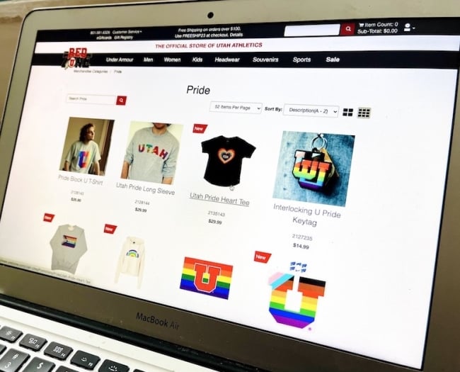 The University of Utah's campus store website displays rainbow-adorned T-shirts, key chains and stickers under the heading "Pride."
