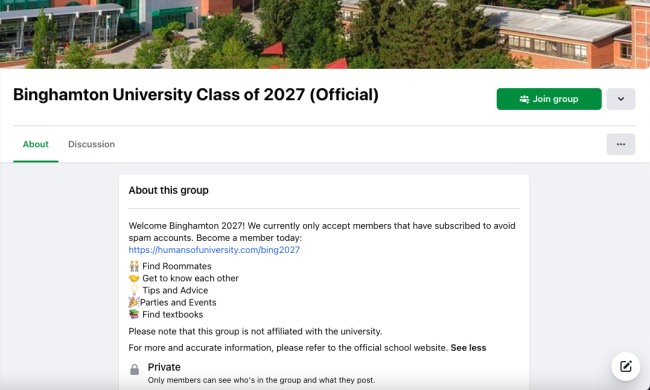 A screen shot of the Binghamton University Class of 2027 Facebook page