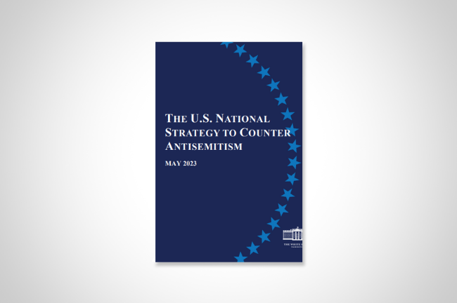 The dark-blue title page of "The U.S. National Strategy to Counter Antisemitism," dated May 23. The White House seal is in the lower right-hand corner.