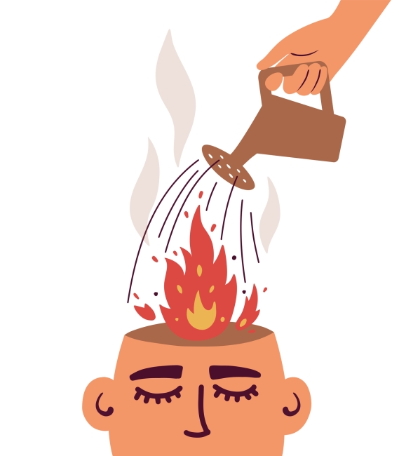 Hand holding a watering can pouring water into open human head on fire 