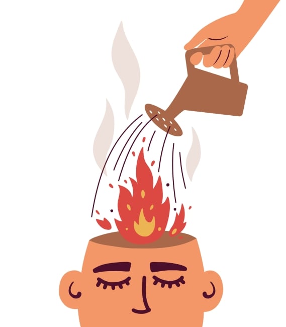 Hand holding a watering can pouring water into open human head on fire