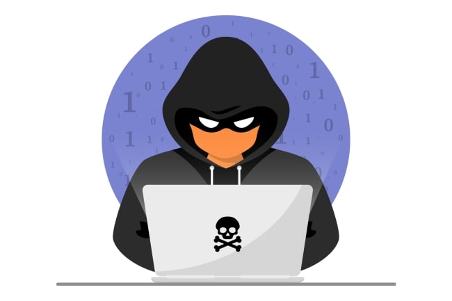 A drawing of someone in a black hoodie at a laptop with a black poison symbol on it, with ones and zeros behind him.