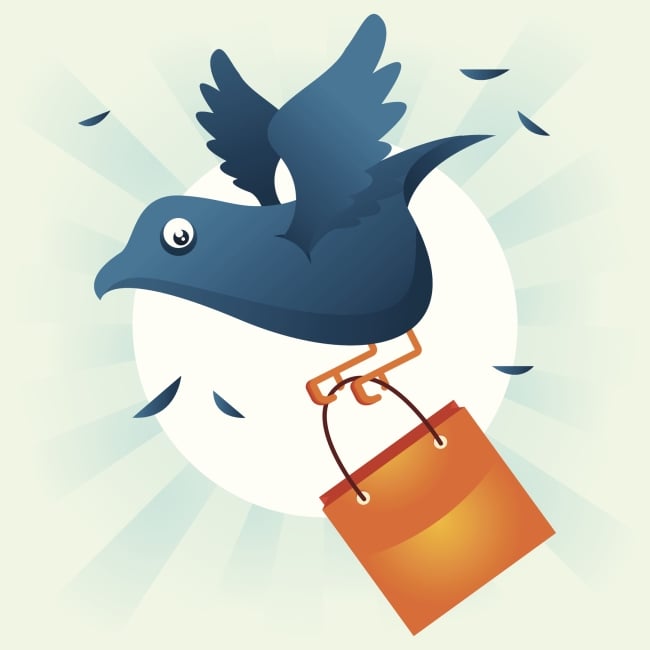 A blue cartoon bird flies by holding a shopping bag as feathers fall off