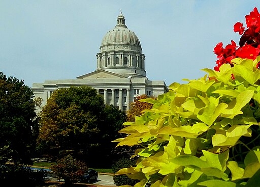 Exterior views of the Missouri State Capitol building, from afar.