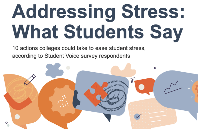 Headline of infographic says, "Addressing Stress: What Students Say." Plus speech bubble graphics in blue and orange.