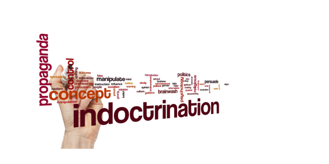 A word cloud featuring the words "indoctrination" and related words, with "indoctrination" in the largest text, following by words including "propaganda," "concept," "control," and many other words.