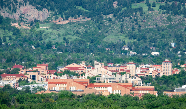 The University of Colorado Boulder campus with Flagstaff Mountain in the background.