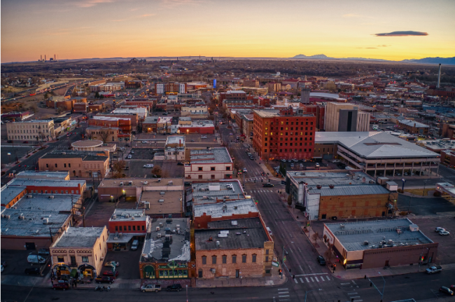 An aerial view of the city of Pueblo, Colo., at sunset.