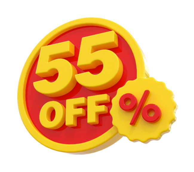 A red and yellow discount label, reading "55% Off."