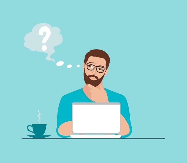 Man sits before computer and cup of coffee with a question mark coming out of his head