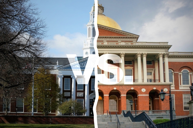 A graphic showing a split between Harvard University and the Massachusetts Statehouse with the letters vs. in the middle