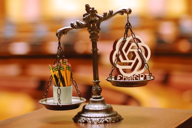 A legal scale with a glass of pencils on the left side and the logo for ChatGPT on the right side