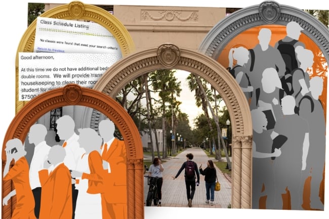 An illustration showing two screenshots of the New College course catalogue not having a course available, plus a screenshot of an email about housing. Illustrations of faculty and students flank a photo of campus. All images are surrounded by an archway similar to one on New College's campus.