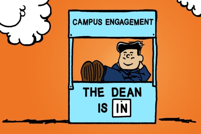 In the style of a Peanuts cartoon, a dean sits with his feet up on a light blue booth with the words "Campus Engagement" above his head and "The Dean Is In" under his feet.