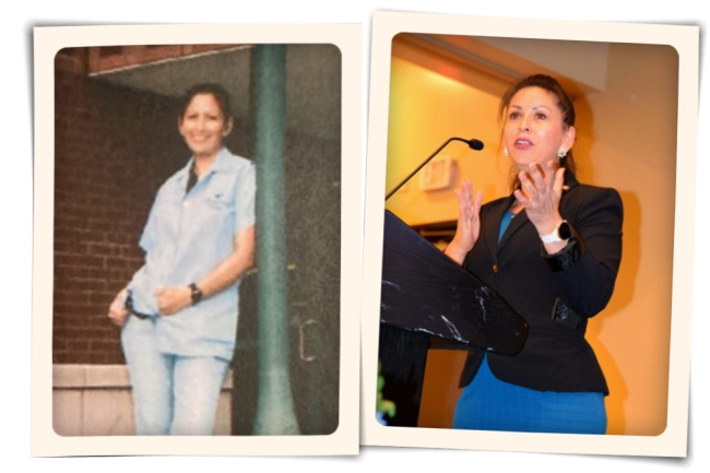 Two photos of Reyna Tippetts, one as a custodian and the second as a university faculty member