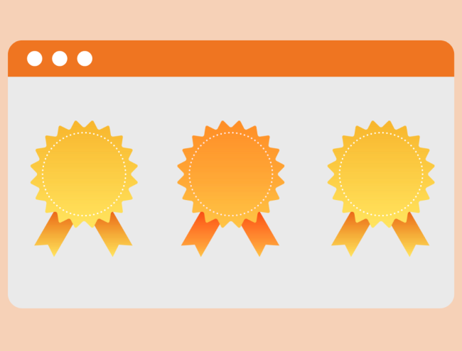 Three badges on an orange browser window on an orange background