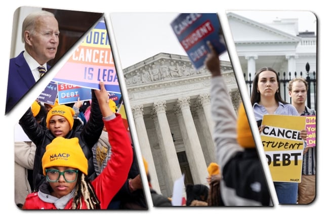 Photo collage features student loan protest photos, a snippet of President Joe Biden and the Supreme Court building