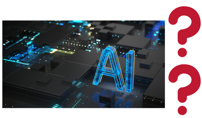 A photograph showing "AI" lit up against a dark, futuristic background. Next to the image are two red question marks.