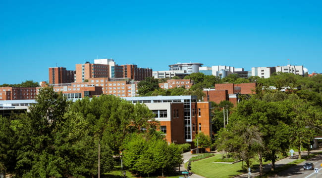 The University of Iowa campus on a sunny, cloudless day.