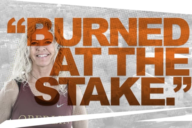 "Burned at the stake" quote over a head shot of coach Kim Russell