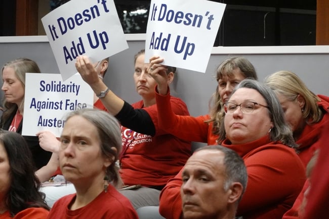 Staff and faculty union protesters at Lane Community College Board of Education meeting