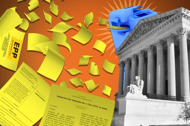 Pages of new lawsuits against colleges fly out of a printer atop the U.S. Supreme Court building, all on an orange background