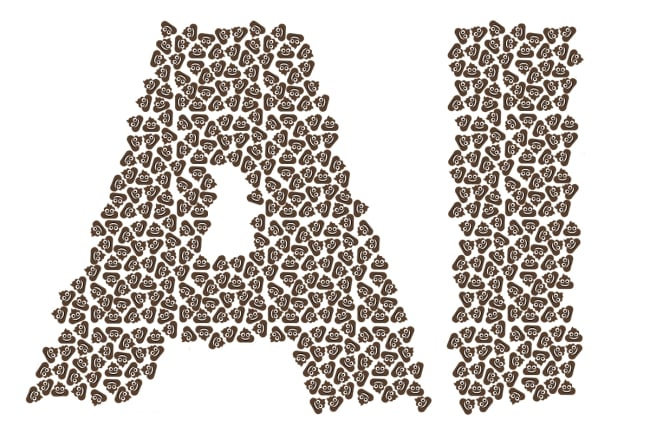 An illustration of the letters "AI," with each letter composed of many small poop emojis.