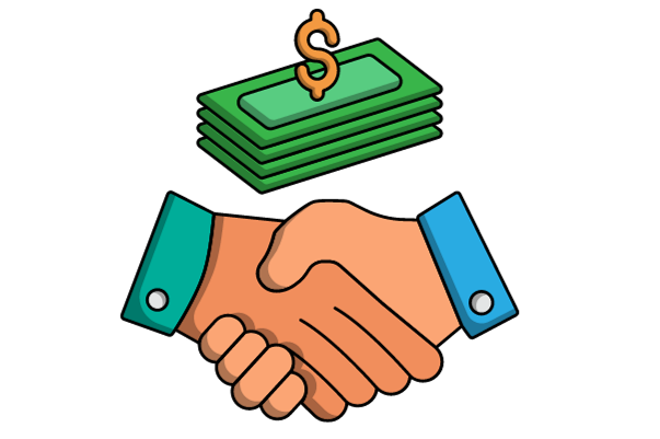 An illustration depicting a close-up of two hands shaking, as if closing a business deal, with a pile of cash and a money sign in the background.