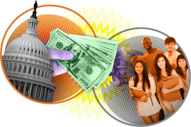 An illustration of a hand from the U.S. Capitol building handing cash to a group of students.